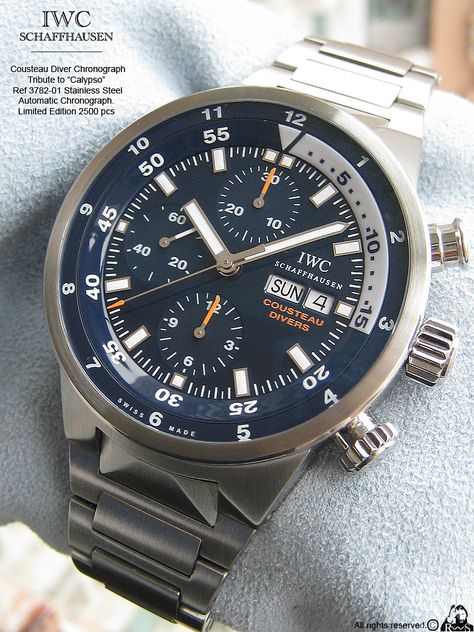 WatchNet: Luxury Time: FS-MINT IWC Cousteau Calypso Aquatimer Chronograph in STEEL BRACELET. ref. IW378201 'TRIBUTE TO CALYPSO' Iwc Aquatimer, Iwc Watches, Blue Plate, Fine Watches, Blue Plates, Men's Watches, Dive Watches, Wristwatch Men, Wrist Watches