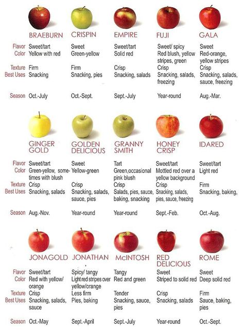 Apple Guide Apple Chart, Types Of Apples, Apple Types, Apple Varieties, Food Charts, Food Info, Food Facts, Fruit Recipes, Baking Tips