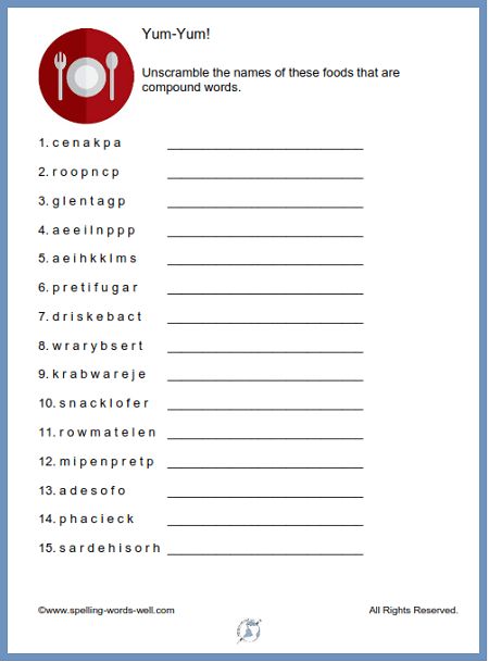 "Yum-Yum" is fun printable word scramble for all ages. To solve it, unscramble the names of 15 compound food words, such as fruitcake or doughnut. Find the printable page at www.spelling-words-well.com Word Scramble Games For Adults, Word Scramble With Answers, Hope Activities, Owl Coloring, Food Games, Word Challenge, Math Puzzles, Spelling Worksheets, Free Kindergarten Worksheets