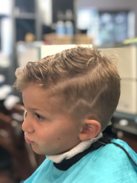 Close hair cut with lightening bolt design cut on sides Lighting Bolt Haircut, Lighting Bolt Hair Design Boys, Lightening Bolt Hair Design Boys, Lightning Bolt Haircut, Designs Haircut, Hair Designs For Boys, Mommas Boy, Boys Hairstyles