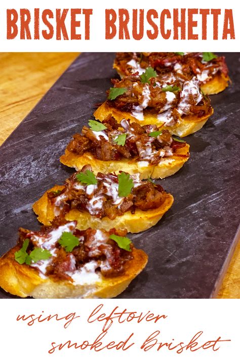 A unique take on the classic bruschetta using leftover brisket. Make it as a striking appetizer or load it up and eat it for a meal. Brisket Appetizer Recipes, Brisket Finger Foods, Beef Brisket Appetizers, Brisket Bruschetta, Brisket Appetizers, Upscale Bar Food, Brisket Appetizer Ideas, Leftover Brisket Ideas, Upscale Appetizers