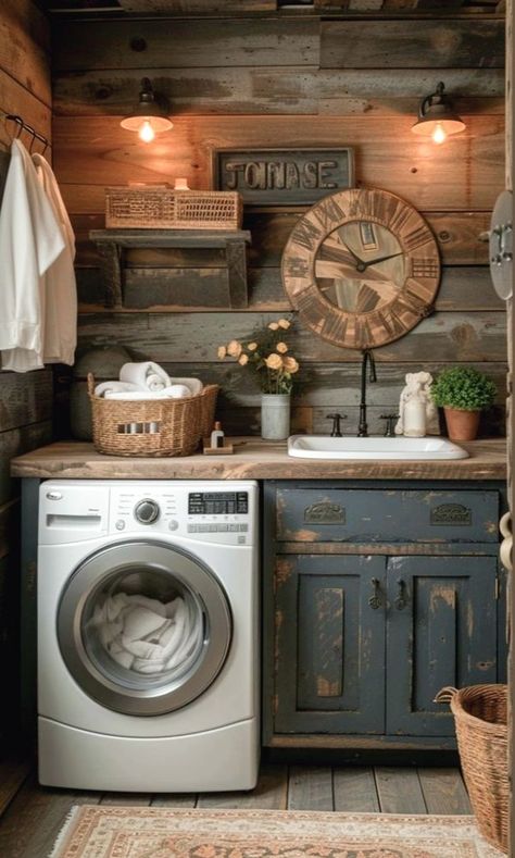 Willows Cottage Vintage Storage Budget, Rustic Farmhouse Laundry Room, Farmhouse Laundry Room Ideas, Country Laundry Rooms, Barndominium Interior, Rustic Laundry Rooms, Tiny Laundry Rooms, Basement Laundry Room, Dream Laundry Room