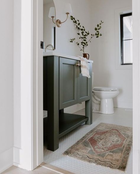 Black Birch Homes on Instagram: "Pretty powder room views 🖤 . . . . . 📸 @brookepavel #bathroomdesign #husbandandwifeteam #SMmakelifebeautiful #bhghome #rshome…" Mcgee Powder Bath, Powder Room Studio Mcgee, Black Vanity Powder Room Ideas, Black Powder Room Vanity, Black Vanity Powder Room, Studio Mcgee Powder Room, Black Birch Homes, Shed Bathroom, Black Powder Room