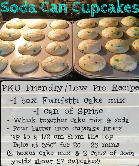 PKU FRIENDLY / LOW PRO CUPCAKES 2 boxes cake mix & 2 cans sprite. Bake at 350 for 20-23 mins (makes 27 cupcakes) Pku Friendly Desserts, Pku Friendly Recipes, Pku Recipes Meals, Angel Food Cake Protein Powder Recipes, Kodiak Birthday Cake Recipes, Cake Batter Protein Recipes, Vanilla Protein Powder Dessert Easy, Pku Meals, Birthday Cake Protein Powder Recipes