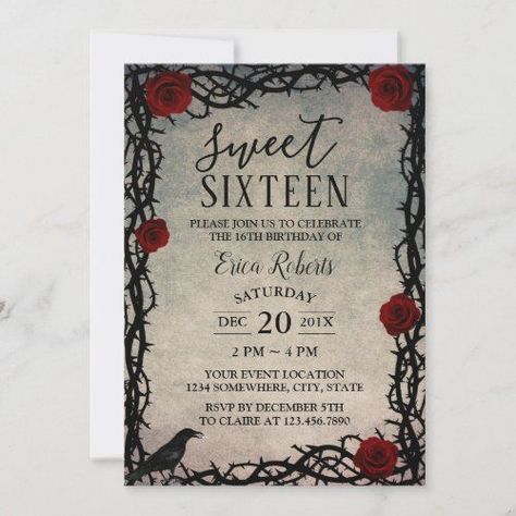 $2.40 | Sweet 16 Rose & Thorn Vintage Fairytale Birthday Invitation #sweet16 #sweetsixteen #elegant #rustic #floral #gothic #vintage #fairyfairytale #roseflower #girlbirthdayparty Halloween Sweet 16, Fairytale Invitation, Invitations Quinceanera, Fairytale Birthday, Sweet 16 Themes, Rose Thorns, 16th Birthday Invitations, Sweet Sixteen Invitations, Glitter Invitations