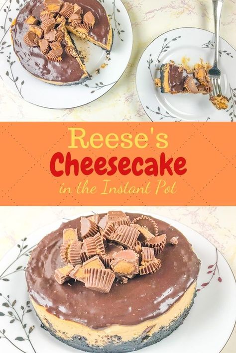 Make this Instant Pot Reese's Cheesecake tonight! This instant pot dessert recipe has a chocolate cookie crust with a peanut butter cheesecake filling topped with chocolate ganache and chopped peanut butter cups.   #instantpot #instantpotdesserts #cheesecake #reeses #peanutbuttercup #peanutbutterchocolate #reesescheesecake #instantpotcheesecake #instantpotrecipes #instantpotdessert #instantpotdesserts #instantpotcheesecakerecipes Cheesecake Reeses, Reeses Cheesecake, Pasta Instant Pot, Best Instapot Recipes, Cup Cheesecake, Easy Delicious Desserts, Instant Pot Dessert Recipes, Instant Pot Cheesecake, Peanut Butter Cup Cheesecake