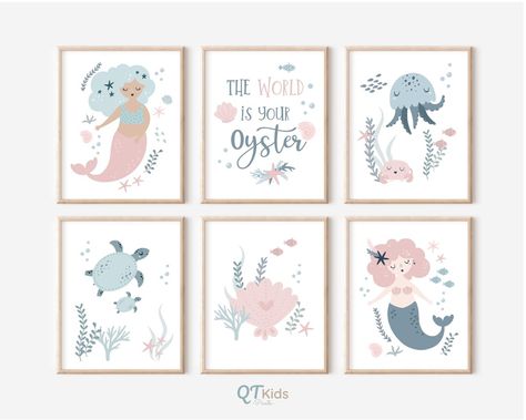 Mermaid Prints for Girls Room Under the Sea Girl Nursery - Etsy Ireland Sea Nursery Girl, Mermaid Girls Room, Sea Animal Nursery, Mermaid Prints, Mermaid Nursery Decor, Playroom Prints, Sea Nursery, Mermaid Nursery, Nursery Room Inspiration