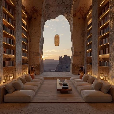 Luxury Home Library, Desert Living Room, Desert Luxury, Bedouin Tent, Earthship Home, Desert Living, Dream Life House, Desert Homes, Fantasy House