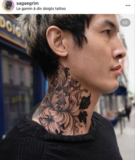 Japanese Neck Tattoo Design, Japanese Side Neck Tattoo, Japanese Tattoo Art Neck, Throat Tattoo Japanese, Black And White Neck Tattoo, Side Neck Tattoo Designs Men, Side Neck Cover Up Tattoos Men, Neck Side Tattoo Men, Floral Neck Tattoo Men