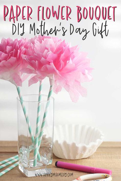 If you need DIY Mother's Day gifts or DIY Mother's Day crafts, you'll love these easy coffee filter flowers. They make a great DIY Mothers Day gift from kids and are also a simple spring craft for kids. If you're looking for coffee filter crafts for kids or summer crafts for kids, you'll love these easy paper flowers diy. Even if you need paper flower party decorations, these easy coffee filter flowers are perfect. #craftsforkids Flower Birthday Party Crafts, Coffee Filter Flowers Preschool, Mothers Day Paper Flowers, Quick And Easy Mothers Day Crafts, Coffee Filter Flowers For Kids, Birthday Arrangements, Flower Activities, Paper Flower Bouquet Diy, Coffee Filter Flowers Diy