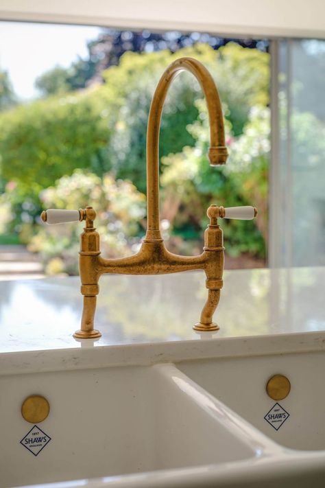 Perrin And Rowe Kitchen Faucet, Green Shaker Cabinets, Perrin And Rowe, Farmhouse Renovation, Brass Tap, Contemporary Exterior, Timeless Kitchen, Sustainable Kitchen, Shaker Cabinets