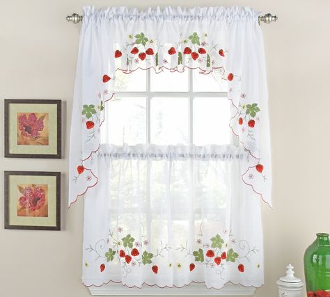 Strawberries  Kitchen Curtain Ensemble Red Kitchen Curtains, Green Kitchen Curtains, Kitchen Curtain Designs, Vintage Kitchen Curtains, Window Swags, Kitchen Window Curtains, Strawberry Kitchen, Kitchen Curtain Sets, Cherry Kitchen