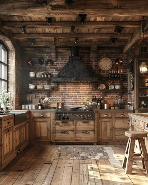 Barnwood Kitchen Cabinets, Wood Stove Oven, Cottagecore Kitchens, Cowboy Cottage, Castle Kitchen, Pizza Oven Outdoor Kitchen, Log Home Kitchens, Conservatory Kitchen, Barn House Interior