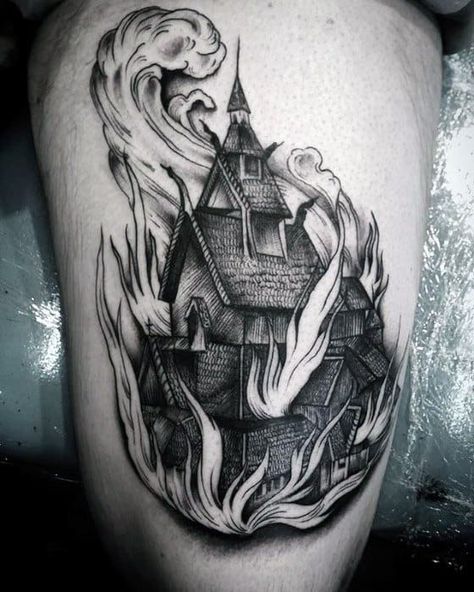 60 Burning Church Tattoo Designs For Men - Flaming Ink Ideas Burning Tattoo, Llama Tattoo, Haunted House Tattoo, Church Tattoo, Burning Church, Bridge Tattoo, Castle Tattoo, Flame Tattoos, Witch Tattoo