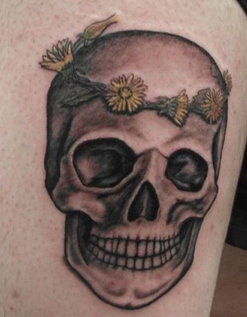 Dandelion Skull Tattoo, Skull Flower Crown Tattoo, Flowers Growing From Skull Tattoo, Skull With Weeds Tattoo, Skull Wildflower Tattoo, Dandelion Art, Crown Tattoo, Skull Tattoo Design, S Tattoo