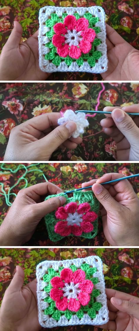 How to Crochet a Flower in a Square - Design Peak Simple Crochet Granny Square, Knitting Learning, Crochet Solid Granny Square, Crochet A Flower, Crochet Flower Granny Square Pattern, Solid Granny Square, Squares Design, Crochet Granny Square Tutorial, Crochet Flower Squares