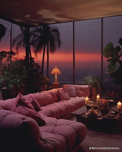 Luxury Pink Living Room, 80s Aesthetic Living Room, 80s House Aesthetic, La Apartment, 80s Apartment, 1980s Interior Design, Penthouse Aesthetic, 90s Interior, 80s House