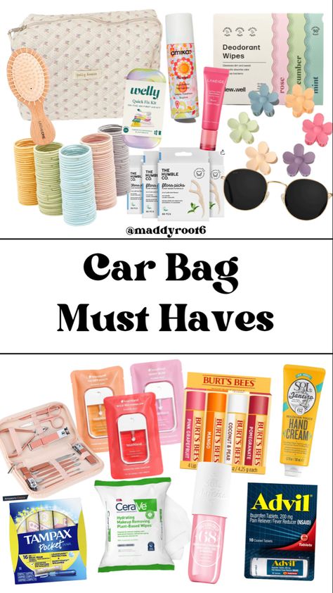 car bag, car, car essentials, women’s car, car accessories, hair ties, sunglasses, quilt bag, chapstick, flower claw clips, hand sanitizer, Car Boot Essentials, Off Roading Essentials, Must Have In Car, Sports Mom Car Essentials, Boyfriend Car Accessories, Whats In My Car Essentials, Car Checklist For Women, Summer Mom Car Essentials, Girly Car Organization