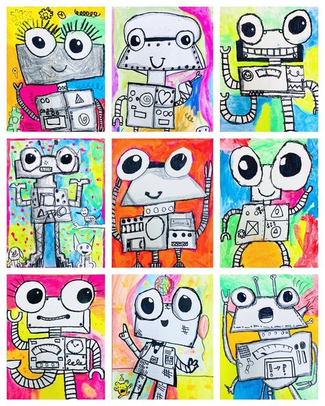 Drawing Projects For Elementary Students, Art Activities For Second Grade, 1st Grade Art Ideas, Line Art Projects For Kindergarten, Elementary Art Lessons 1st Grade, Line Art Elementary, Line Projects For Elementary, Kindergarten Line Art Projects, Robot Art Project