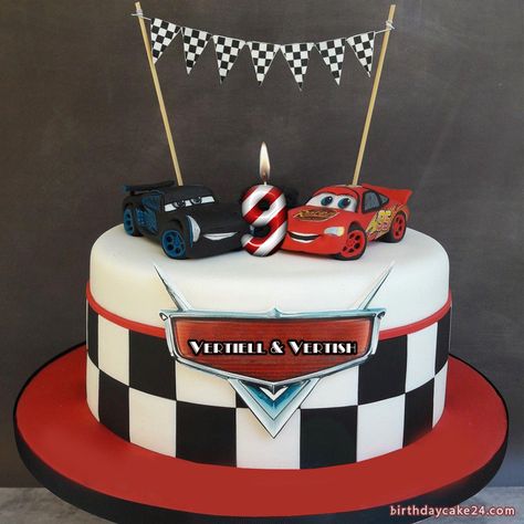 Car Birthday Cake For Boys With Name And Age Number Birthday Cake For Boys, Gökkuşaği Pasta, Cars Cake Design, Disney Cars Cake, Lightning Mcqueen Cake, Cars Theme Cake, Mcqueen Cake, Race Car Cakes, Birthday Cake Writing