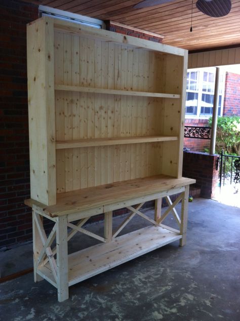 Farmhouse Bookcase Diy, Diy Hutch Build, Diy Kitchen Hutch, Diy Hutch, Farmhouse Bookcase, Greenhouse Inspiration, X Console Table, Bob Villa, Farmhouse Bookcases