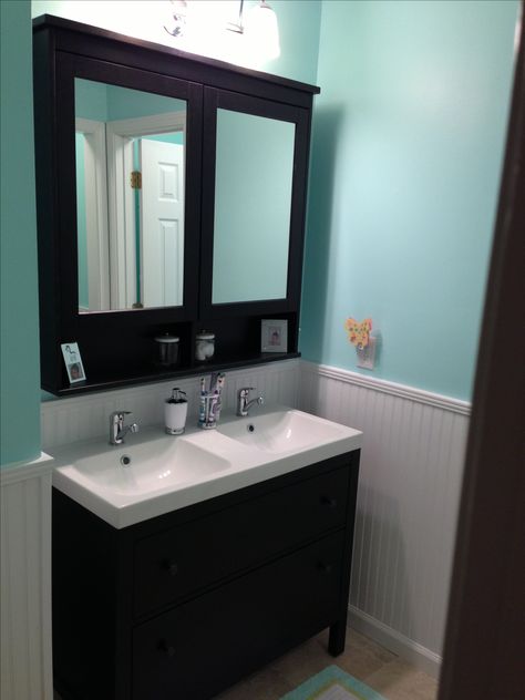 I love this Hemnes sink cabinet and mirror cabinet combo.  We would have 2 sets of these with one sink per cabinet in ours. Double Sink Small Bathroom, Hemnes Vanity, Bathroom Ikea, Small Half Baths, Makeover Kamar Mandi, White Beadboard, White Wainscoting, Small Bathroom Sinks, Tidy Bathroom