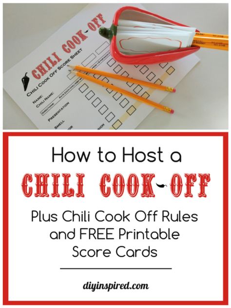 Chili cook off rules and free score sheet, plus printable chili name cards, and ideas for how to host your own chili cook off. Chili Presentation Ideas, Chili Cook Off Categories, Couples Olympics, Cookoff Ideas, Chilli Cookoff, Chili Fest, Neighborhood Ideas, Chili Contest, Work Appreciation