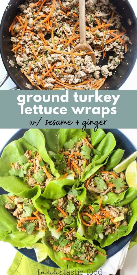 These easy ground turkey lettuce wraps with sesame and ginger will have dinner on the table in minutes. It’s a super quick and healthy dinner idea that’s also refreshing! #lettucewraps #groundturkey #glutenfree #healthydinner #dinnerideas Turkey Lettuce Wraps Healthy, Ground Turkey Lettuce Wraps, Ground Turkey Recipes Easy, Lettuce Wraps Healthy, Ground Turkey Recipes Healthy, Turkey Lettuce Wraps, Tacos Mexicanos, Butter Lettuce, Lettuce Wrap Recipes