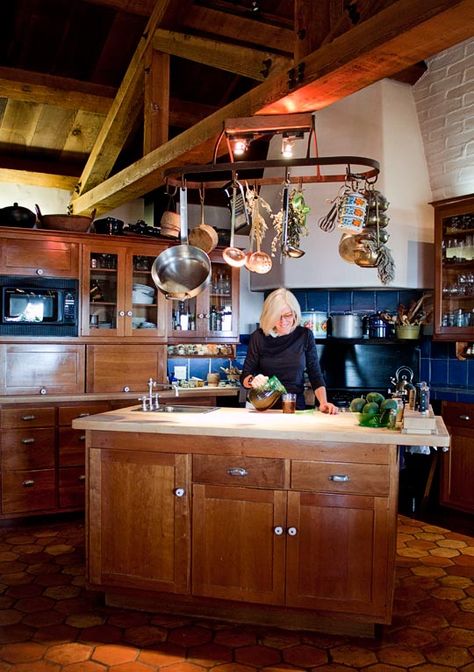 Great Kitchen! Kitchen Island Pot Rack, Pan Hanger, Hacienda Style Homes, Kitchen Pans, Kitchen Tour, Pot Rack Hanging, Cherry Cabinets, Pot Hanger, Kitchen Ceiling