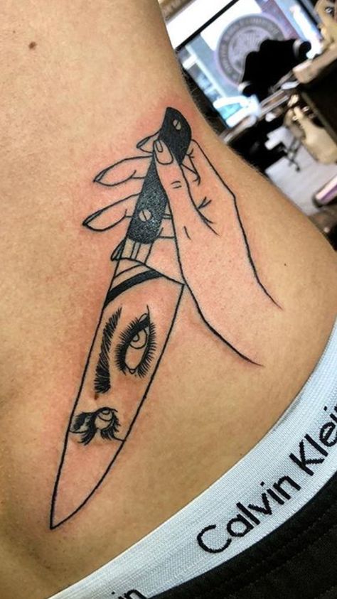 🔪 Knife Woman Tattoo, Crazy Love Tattoo, Knife Reflection Tattoo, Knife Tattoos Women, Knife Tattoo Chest, Knife With Eyes Tattoo, Knife Chest Tattoo, Knife Tattoo Women, Reflection Tattoo