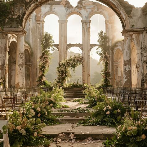 We are always on the lookout for new trends to provide fresh inspiration to our couples. We value customers who have an eye for innovative design and seek something special. Our passion lies in getting creative right here and developing unique concepts. Thanks to artificial intelligence, we can now create even larger and more impressive designs, like this one: a romantic wedding ceremony in a picturesque location. Which setup is your favorite? Feel free to share it with us in the comments! W... Wedding In Ruins, Romantic Wedding Ceremony, Lighting Showroom, Ceremony Inspiration, Wedding Event Planner, Destination Wedding Planner, Event Center, Fantasy Jewelry, Sacred Space