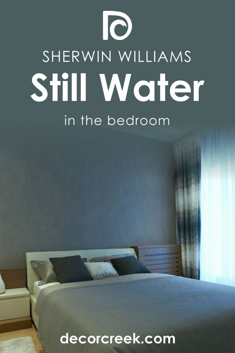 Still Water SW 6223 Paint Color by Sherwin Williams - DecorCreek Stillwater Sherwin Williams, Sw Still Water, Still Water Sherwin Williams, Dark Paint Colors, Accent Wall Colors, Trim Colors, Repose Gray, Bedroom Walls, The Bedroom