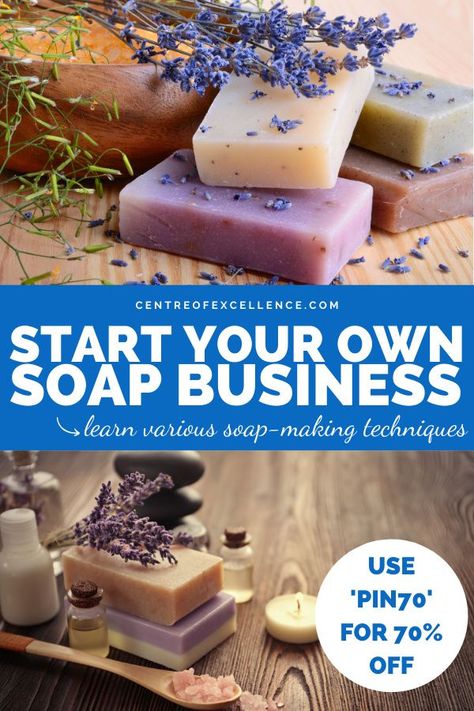 USE "PIN70" FOR 70% OFF YOUR FIRST COURSE! Soap Making Business Audio Course | How To Make Soap | Do you want to learn how to make your own soap and start your own business? Explore the different fragrance notes and how to use them in your soap creations; you will also be advised on the best botanicals to include. Click here to start your course today! Centre of Excellence | Soap Making | Handmade Soap | Starting a Business | Soap DIY | Homemade Soap #soap #crafts #business Soap Making Business, Craft Fair Table, Centre Of Excellence, How To Make Soap, Handmade Soap Recipes, Soap Business, Fancy Soap, Soap Colorants, Candle Making Business