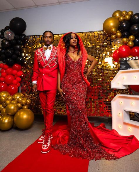 Silver And Red Prom, Red Prom Ideas, Black And Red Prom Couple, Red Prom Couple, Red And Gold Prom, Red And Gold Prom Dress, Prom Pants, Hoco Fits, Prom Send Off