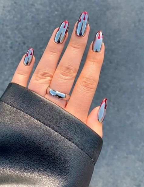 Subtle Halloween Nails, Spooky Punch, Silver Chrome Nails, Halloween Nail Art Ideas, Witchy Nails, Silver Chrome, Get Nails, Halloween Nail, Silver Nails