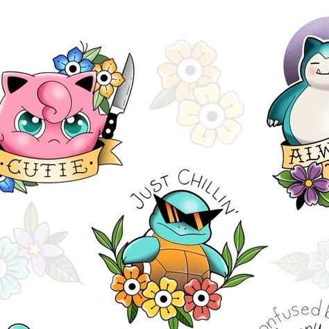 Luz Pionono Tattoo on Instagram: "🌼 New Pokémon flashes 🌼 Available in color or blackwork. 🌼  . . . . . . . . #pokemon #pokémon #pokemonart #pokemontattoo #pokemonflashtattoo #flashtattoo #psyduck #snorlax #snorlaxtattoo" Matching Pokemon Tattoos, Cute Pokemon Tattoo, Pokemon Flash Tattoo, Psyduck Tattoo, Jigglypuff Tattoo, Snorlax Tattoo, Succulent Tattoo, Balloon Tattoo, Pokemon Tattoo