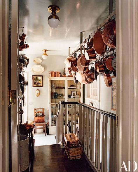 Beautiful copper pots and lids hanging from old beams in a kitchen.       This must be the back entrance into a kitchen. Copper cookware ... Library House, Beautiful Pantry, Euro Trash, Wood Burning Oven, Thomas O'brien, Outdoor Dining Room, Weekend House, Kitchen Ware, Butler Pantry