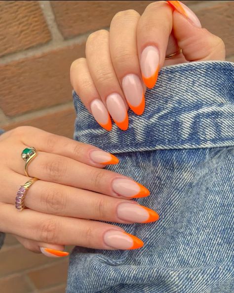 NAF! Salon on Instagram: “Orange is the colour of the season! You heard it here first #NAFIA 🍊 ​ ​Tech: #nafzoe ​Service: Acrylics + French Nail Art ​Products used:…” French Nails Colored Colour, Orange French Nails, Orange French Tip, French Tip Manicure, Nail Art Products, Nails Aesthetic, French Nail Art, Seasonal Nails, French Nail