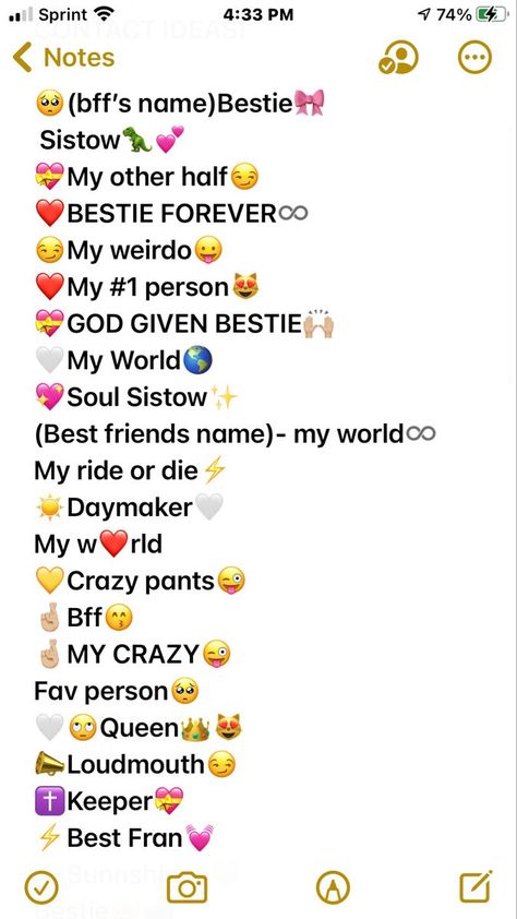 Bff Names On Snapchat, Cute Bestie Names For Contacts, Cute Names For Bestie In Phone, Names For Best Friends On Snapchat, Nama Kontak Bestie, Names To Call Your Bff In Your Phone, Names For Bff On Snapchat, Emojis For Contact Names, Good Nicknames For Best Friends