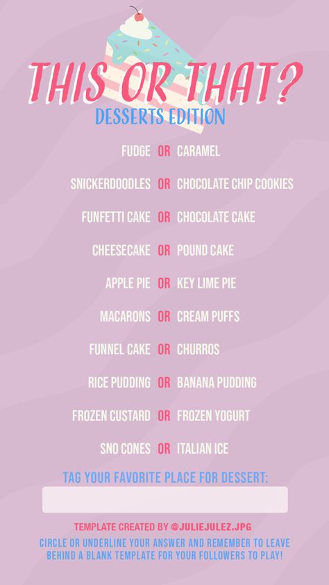 This or That? Desserts IG Template by juliejulez.com This Or That Interactive Post, This Or That Questions Food, This Or That Birthday Edition, This Or That Food Questions, This Or That Template, Food This Or That Questions, This Or That Questions Instagram, This Or That Questions, This Or That