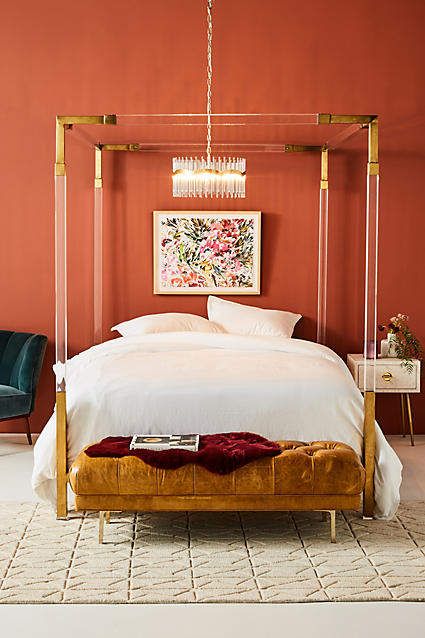 Anthropologie Oscarine Lucite Four-Poster Bed #anthropologie #posterbed #bedroomdesign #bedroomideas #sponsored Anthropologie Four Poster Bed, Four Poster Bedroom, Anthropologie Bedroom, Furniture Poster, 2023 Bedroom, 4 Poster Bed, Poster Sale, Bold Bedroom, Canopy Beds