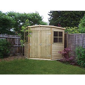 Shire 8 x 8ft Double Door Shiplap Corner Shed Corner Shed, Corner Sheds, Shiplap Cladding, Cheap Sheds, Shed Base, Storage Shed Plans, Shed Plan, Corner Garden, Wooden Sheds