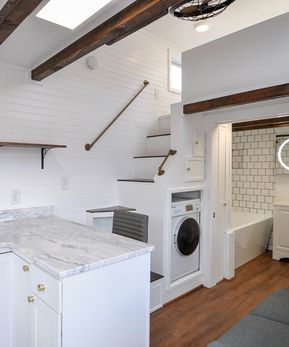 Tiny House Tub Shower Combo, Tiny Home Skylight, Tiny House Building, Storage Stairs, Machine Storage, Tiny House Interior Design, Tiny House Loft, Best Tiny House, Tiny House Inspiration