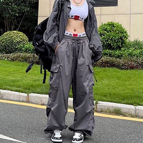 Women's Hip Hop Street Casual Pants Women's Pocket Overalls Y2K Parachute Pants Black Pants Women, Hippie Streetwear, Oversized Overalls, Celana Kargo, Y2k Cargo Pants, Streetwear Cargo Pants, Pocket Sweatpants, Casual Cargo Pants, Baggy Sweatpants