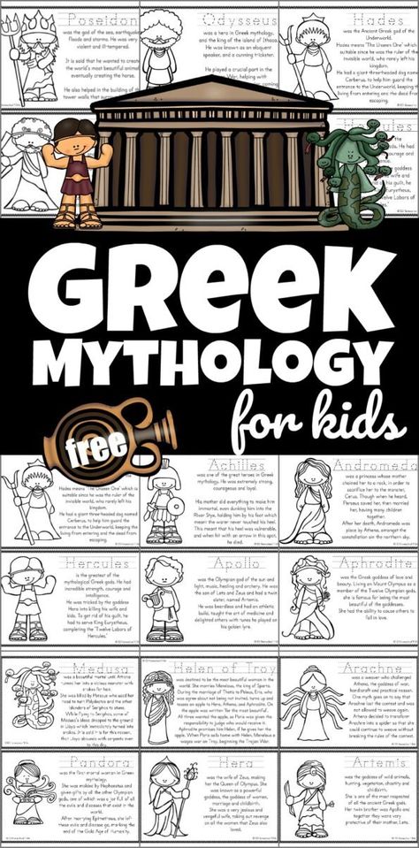 Kids will love learning about Greek Mythology for Kids with these free printable books. These greek myths for kids pdf will help children learn about twelve of the most well known male gods and female goddesses of ancient Greece. These greek myths for kids is a fun history supplement for kindergarteners, grade 1, grade 2, grade 3, grade 4, grade 5, and grade 6 students. Simply print greek mythology worksheets and you are ready to learn about some fascinating ancient culture from Greece with ... Ancient Greece Worksheets Free Printable, Homeschool Greek Mythology, Ancient Greece 2nd Grade, Ancient Greece Homeschool, How To Draw Greek Gods, Ancient Greece Elementary, Greek Mythology Pictures, Ckla 2nd Grade Greek Myths, Ckla Amplify 2nd Grade