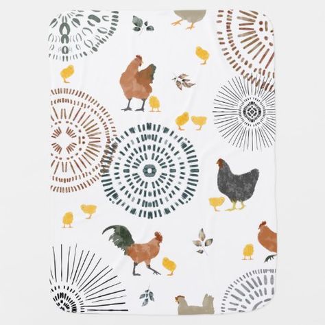 $37.20 | Boho Chickens & Chicks Baby Blanket #baby #chicken #chick #babychick #farm #animal #boho #bird #poultry Chicken Nursery, Boho Baby Blankets, Bird Mom, Linoleum Print, Chicken Pattern, Chicken Chick, Boho Baby Shower Invitations, Baby Milestone Blanket, Boho Baby Shower