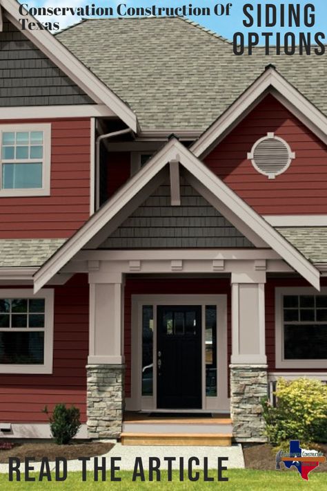 Read the article to learn more about what siding options Conservation Construction of Texas Offers Red Siding House Exterior With Stone, Red And Grey House Exterior, Vinyl Siding Color Schemes Ranch Exterior Houses, Multi Colored Siding House, Dark Red Siding House Exterior, Red House Siding, Red Exterior House Colors Farmhouse, Burgundy Exterior House Colors, Maroon House Exterior