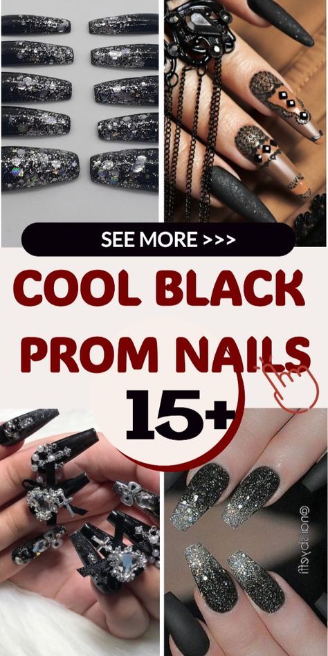 Black And Silver Nail Designs, Sparkly Black Nails, Black Sparkly Nails, Silver Sparkle Nails, Sliver Nails, Black Prom Nails, Silver Nail Designs, Black Nails With Glitter, Silver Nail Art