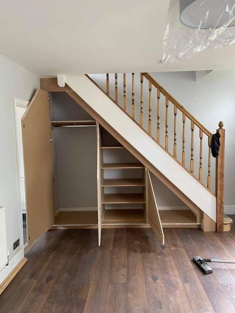 Under Staircase Storage Ideas Modern, Pocket Door Under Stairs, Understairs Wardrobe Ideas, Under Stair Storage Drawers, Under Stair Cupboards, Stair Closet Ideas, Understairs Storage Closet Ideas, Under Stairs Cabinet, Small Under Stairs Storage