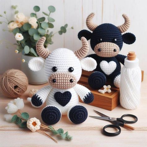 Crochet Cute Bull Amigurumi Pattern Step By Step Bull Crochet Pattern Free, Bull Amigurumi Free Pattern, Crochet Cow Pattern Free, Crochet Cows, Farm Crochet, Crochet Bull, Amigurumi Bull, Amigurumi Cow Pattern, Crochet Farm Animals